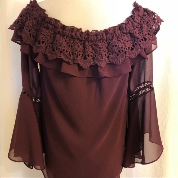 WHBM Burgundy Flowy Crochet Trim Blouse Sz M EUC - Picture 6 of 8